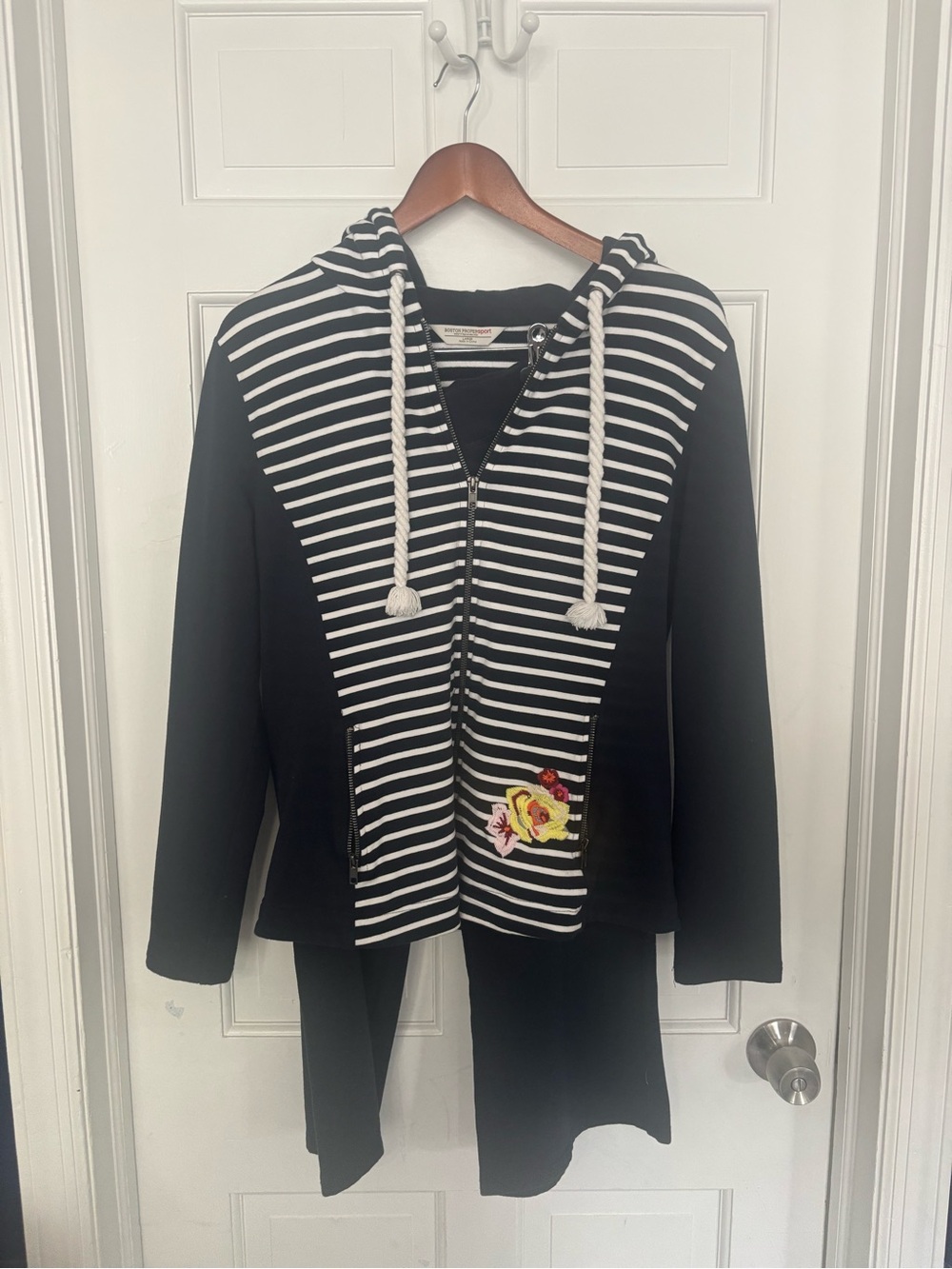 Striped Navy Blue Zip Hoodie with Rope Drawstrings and Floral Patch